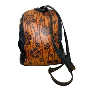Vintage Floral Embossed Leather Backpack Slingback Black Brown Boho Made Canada